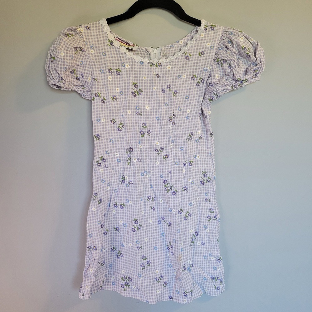 Emily West Dress Girls Size 7 Purple Floral Gingham Vintage Defect In Photos